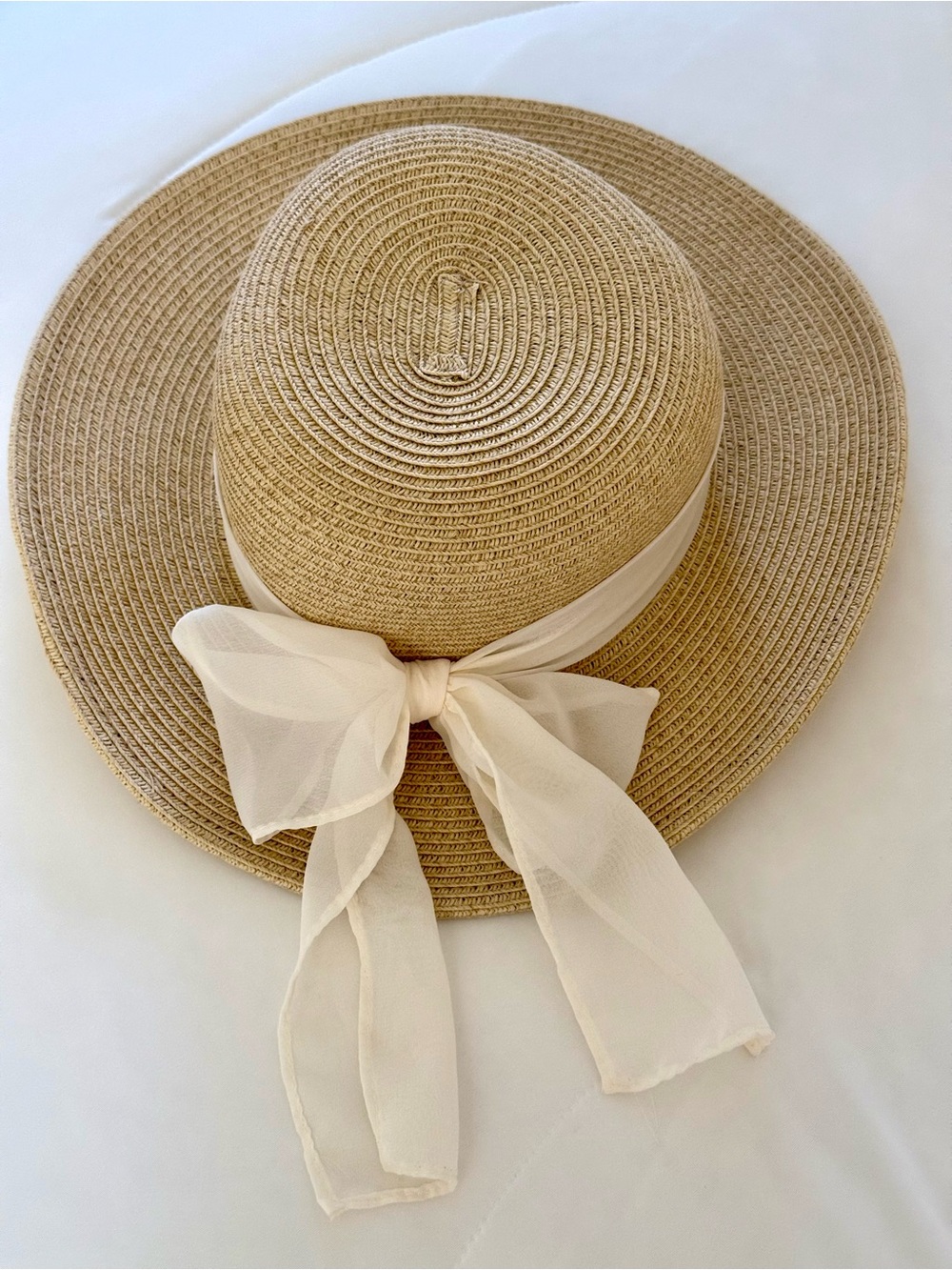 Wide Brim Straw Sun Hat with Cream Bow